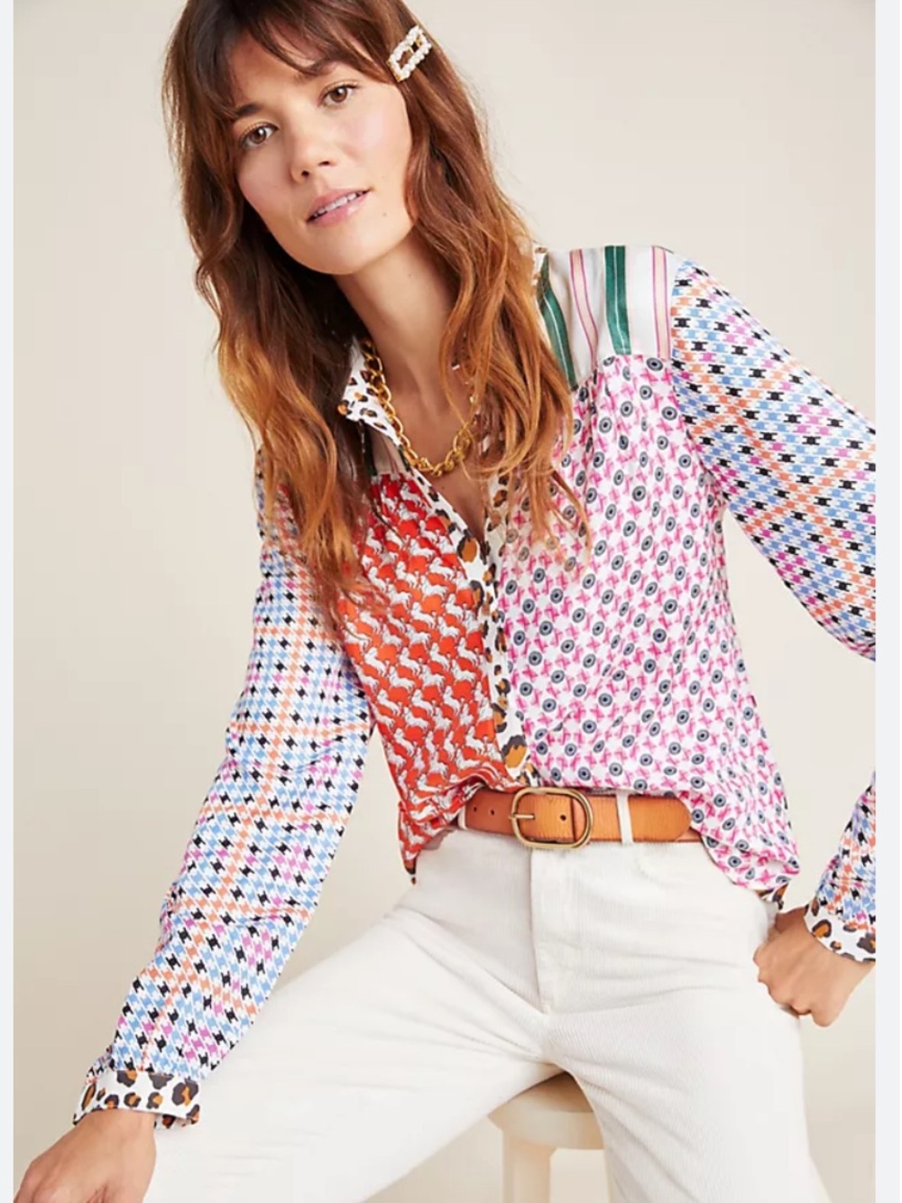 Maeve Anthropologie Bernadette mixed print button front Top Blouse Medium - Picture 2 of 11